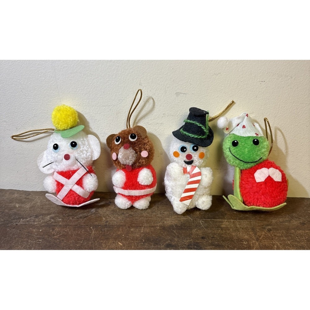 Lot 4 Vtg Russ Berries Pom Pom Christmas Ornaments Bear, Mouse, Frog, Snowman